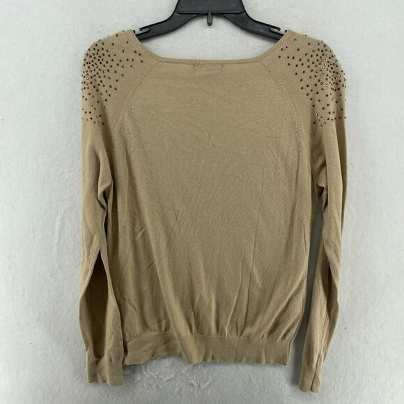 Mango Sweater Women Sz XS Brown Knitted Round Neck Rhinestone Shoulders Pullover - Picture 2 of 12